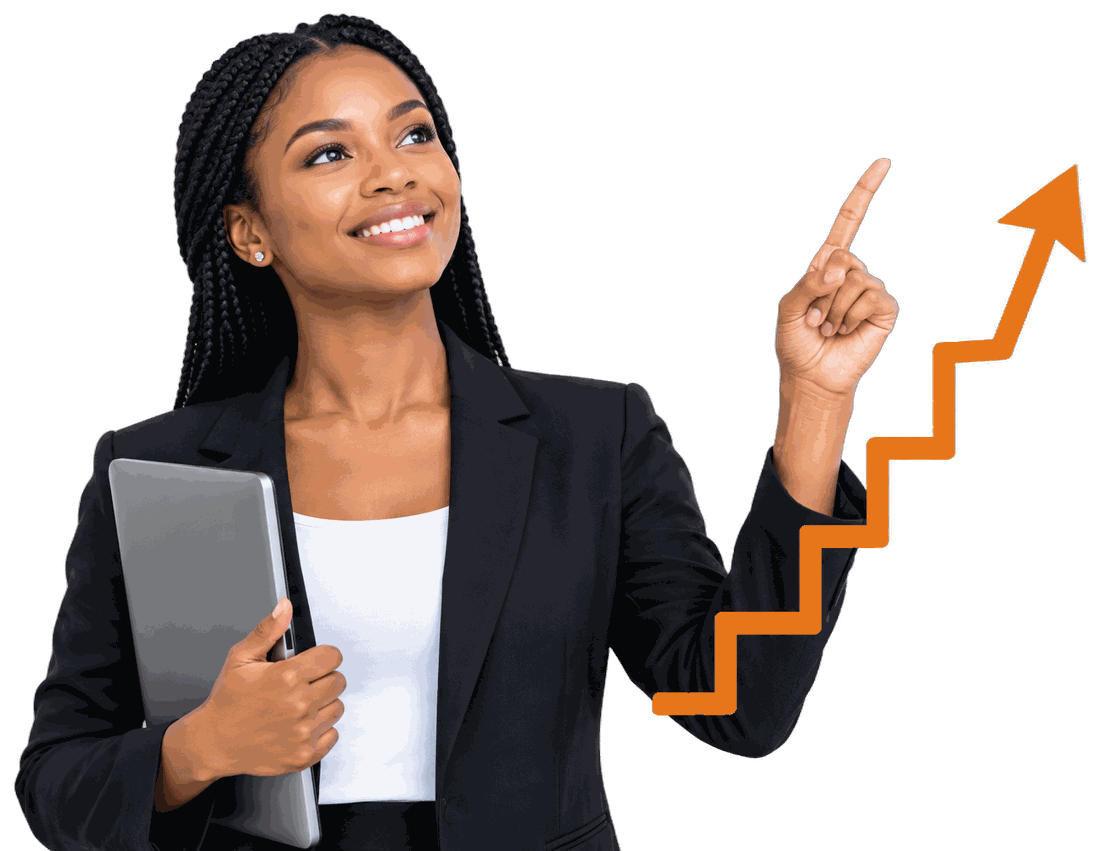 Smiling professional pointing to a rising career path