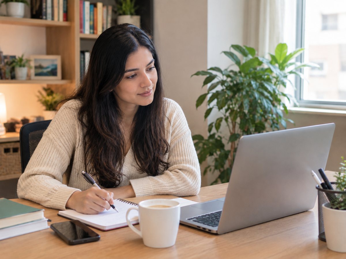 A professional working from a home desk with a laptop and notes