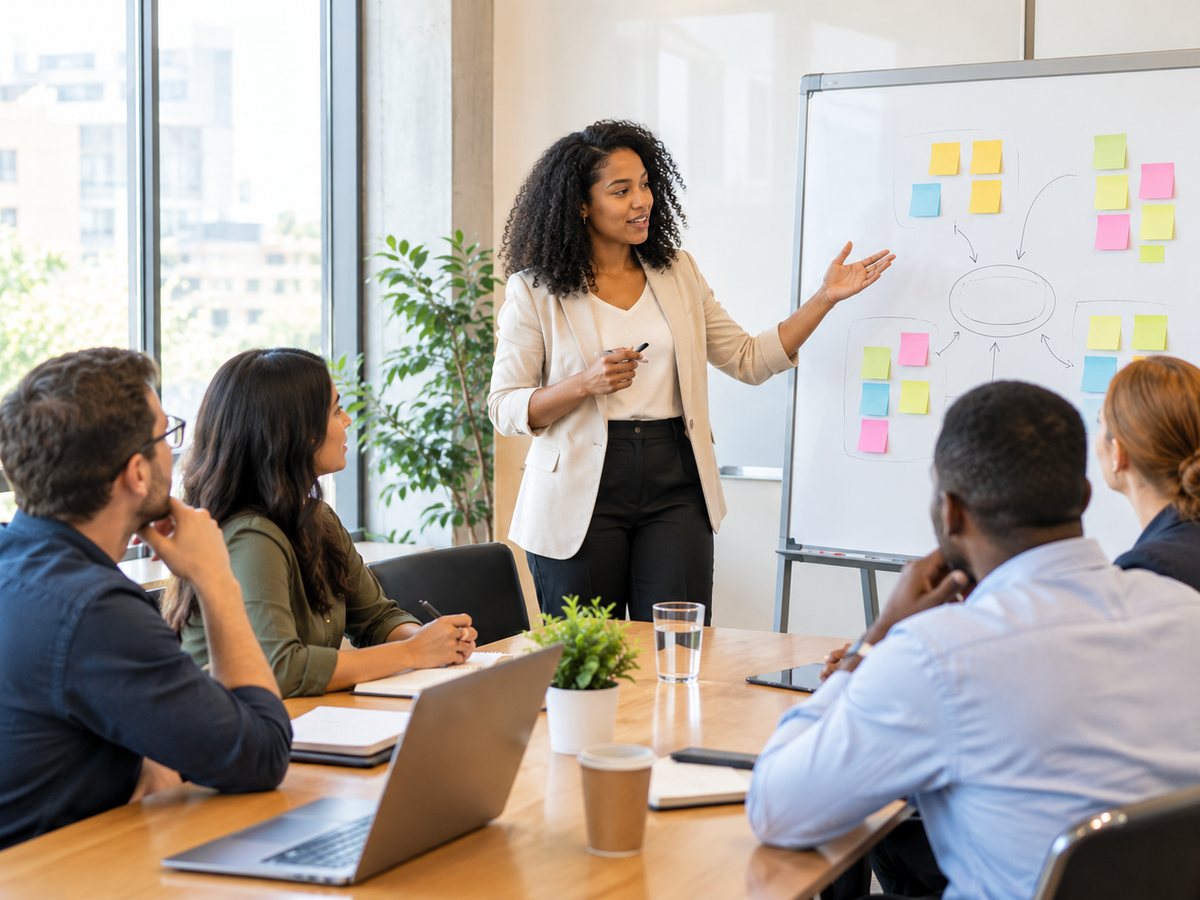 A team working through a planning session at a whiteboard