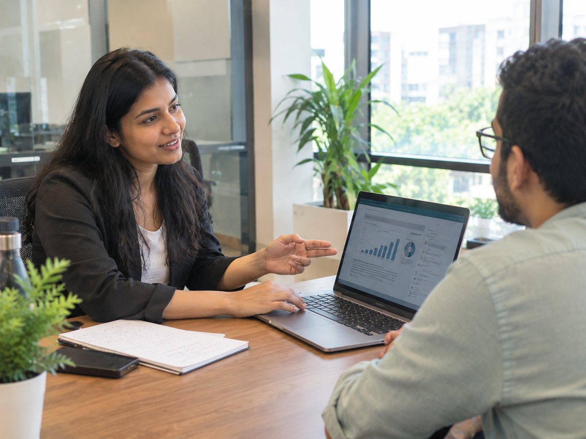 A consultant walking a client through information on a laptop